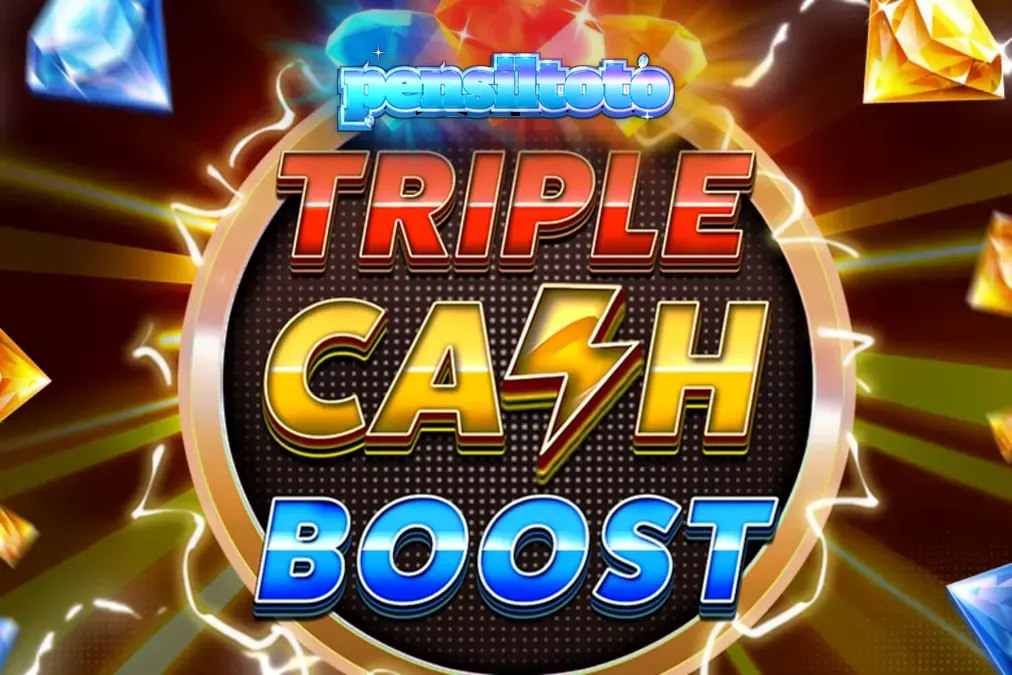 Tampilan visual neon futuristik dari slot Triple Cash Boost dengan simbol buah dan berlian.
